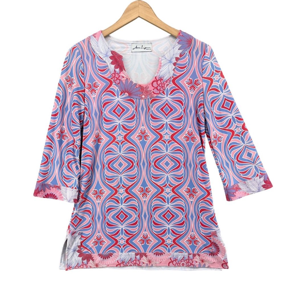 Ava Lynn Womens Pink And Purple Geometric Printed Long Sleeve Tunic